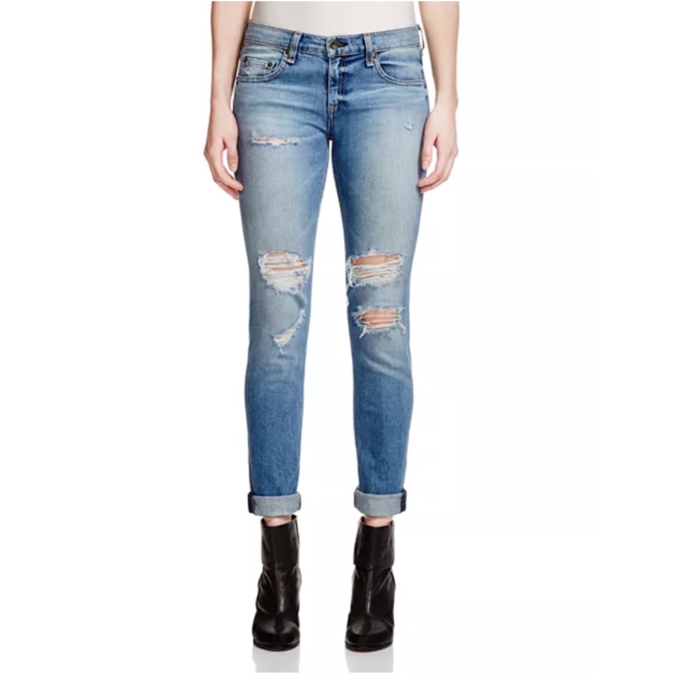 Rag & Bone Dre Low-Rise Boyfriendthe Dre Distressed Shredded Knee Blue Size 28